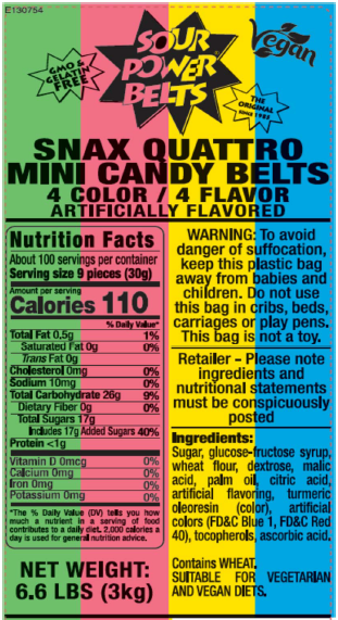 Nutrition Facts Sour Power Mini Snax Gummi Candy Belt